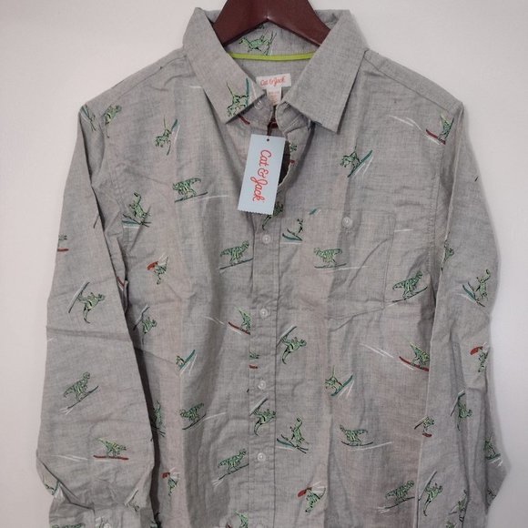 BOYS Dinosaur Shirt Gray Surfing Cat & Jack Button Down Long Sleeve  NWT - Picture 1 of 9